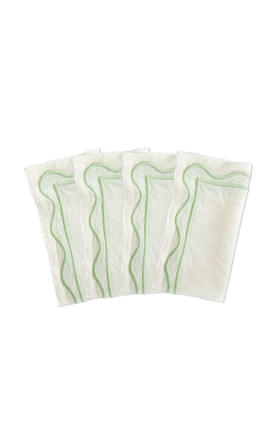 Misette Set-of-four Colourblock Embroidered Linen Napkins In Green