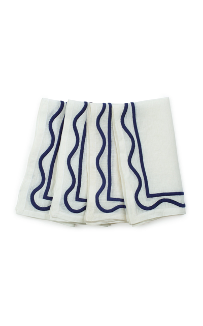 Misette Set-of-four Colorblock Embroidered Linen Napkins In Blue