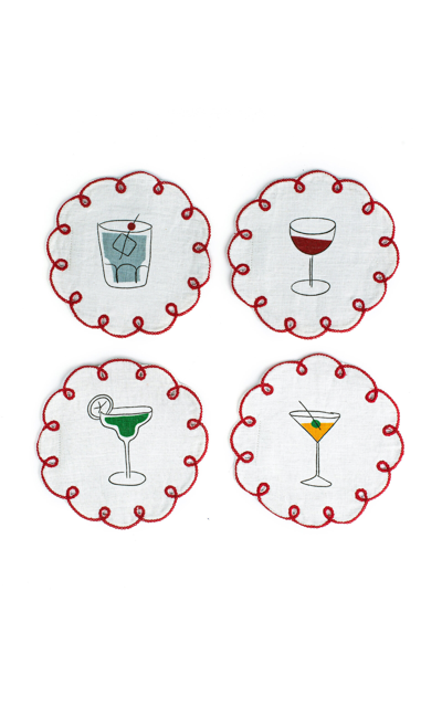 Misette Set-of-four Fête Embroidered Linen Coasters In Multi
