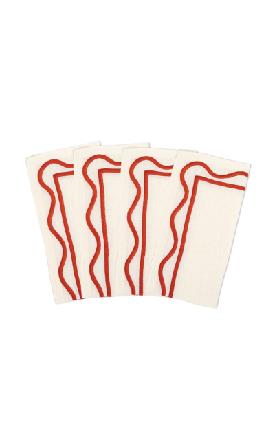 Misette Set-of-four Colourblock Embroidered Linen Napkins In Red