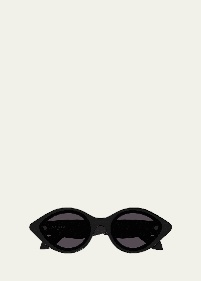 Alaïa Aa0069s Elongated Acetate Round Sunglasses In Shiny Solid Black