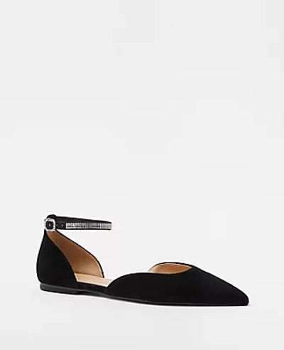 Ann Taylor Crystal Ankle Strap Pointy Toe Suede Flats In Black