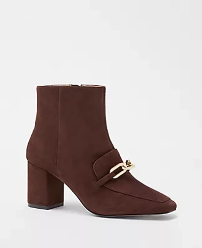 Ann Taylor Chain Block Heel Suede Booties In Chocolate