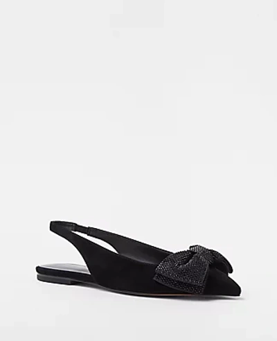 Ann Taylor Crystal Bow Pointy Toe Suede Slingback Flats In Black