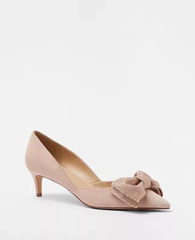 Ann Taylor Crystal Bow D'orsay Suede Pumps In Opal Blush