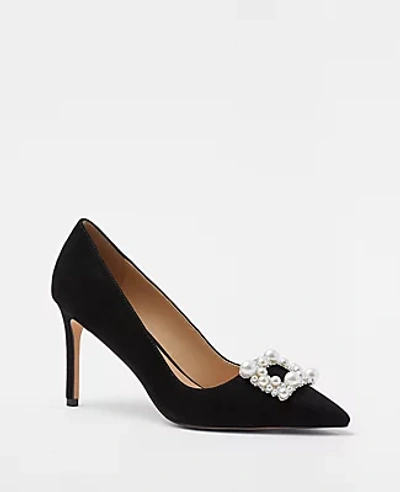 Ann Taylor Pearlized Buckle Suede Straight Heel Pumps In Black