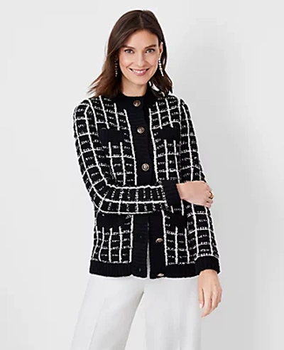 Ann Taylor Shimmer Plaid Coatigan In Black Ivory Combo