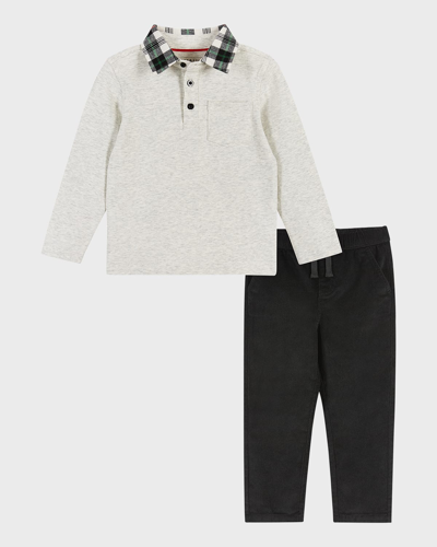 Andy & Evan Kids' Little Boy's & Boy's 2-piece Hunter Plaid Collar Long-sleeves Polo & Slim-fit Pants In Heather Cream