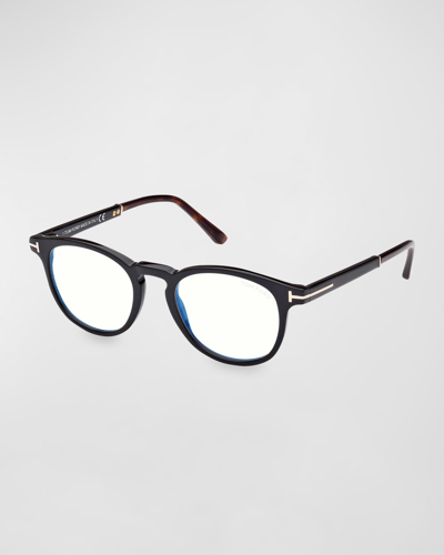 Tom Ford Blue Blocking Two-tone Acetate Round Glasses In Black