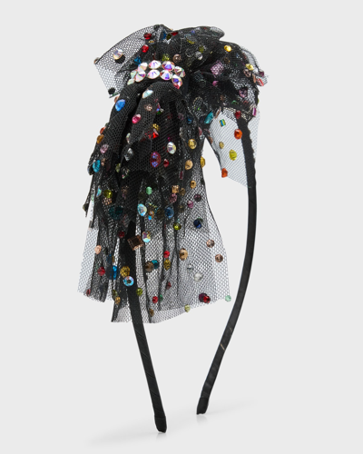 Bari Lynn Kids' Girl's Tulle Bow Headband W/ Rainbow Jewels In Black