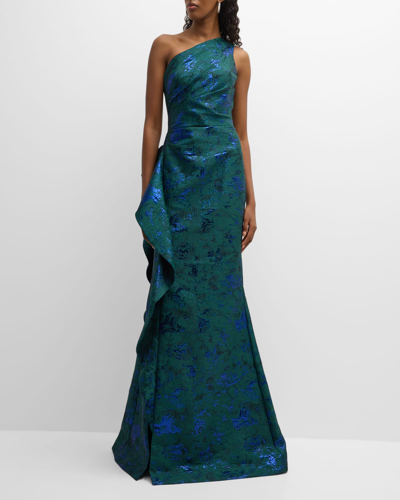 Rickie Freeman For Teri Jon Metallic Jacquard One-shoulder Side-ruffle Gown In Breenblue