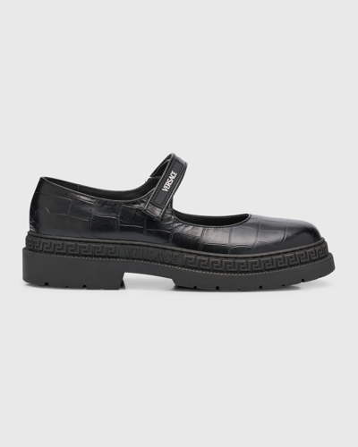 Versace Kids' 鳄鱼纹效果皮革玛丽珍平底鞋 In Black-palladium