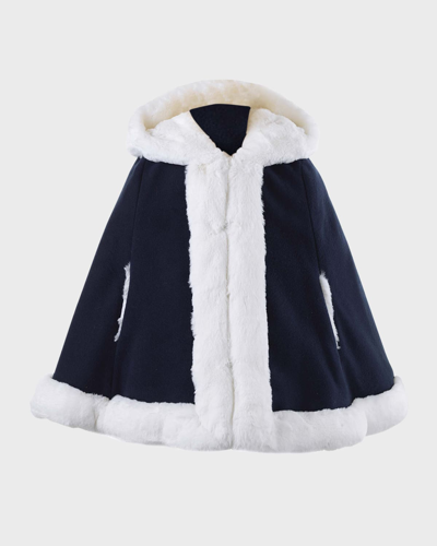 Rachel Riley Kids' Girl's Cape W/ Faux Fur Trim In Navy