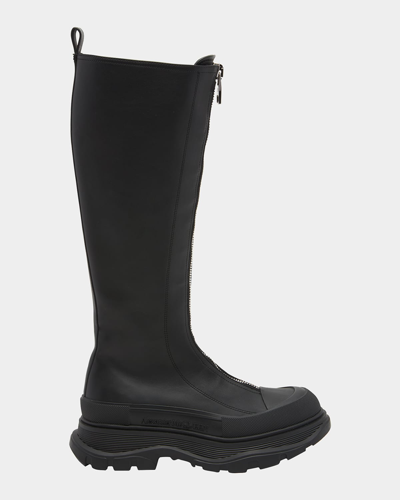 Alexander Mcqueen Leather Zip Tall Moto Boots In Blackblack