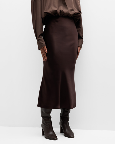 Norma Kamali Obie Satin Midi Skirt In Chocolate