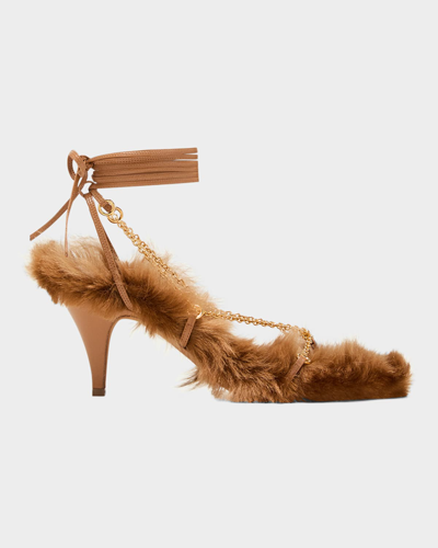 Khaite Marion Shearling Chain Ankle-wrap Sandals In Nougat