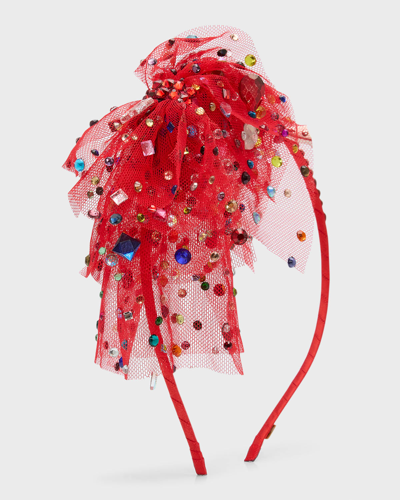 Bari Lynn Kids' Girl's Tulle Bow Headband W/ Rainbow Jewels In Red