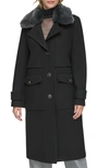 Andrew Marc Faux Fur Collar Wool Blend Coat In Black