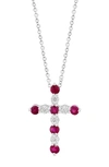 EFFY STERLING SILVER DIAMOND & RUBY CROSS PENDANT NECKLACE