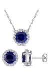 DELMAR STERLING SILVER LAB CREATED SAPPHIRE & WHITE TOPAZ HALO EARRINGS & NECKLACE SET