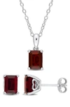 Delmar Emerald Cut Garnet Pendant Necklace & Stud Earrings Set In Red