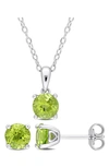Delmar Sterling Silver Round Peridot Stud Earrings & Necklace Set In Green