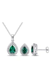 Delmar Lab Created Emerald And White Sapphire Pear Earrings & Necklace Set In Green