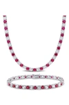 DELMAR STERLING SILVER LAB CREATED RUBY & LAB CREATED WHITE SAPPHIRE TENNIS NECKLACE & BRACELET SET
