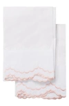 Melange Set Of 2 Double Scallop Embroidered 300 Thread Count Cotton Pillowcases In Pink