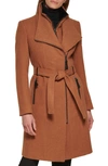 Calvin Klein Womens Wool Blend Belted Wrap Coat, Created For Macys In Dark Camel