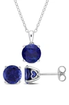 Delmar Sterling Silver Round Lab Created Sapphire Stud Earrings & Necklace Set In Blue