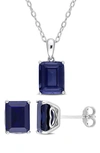 DELMAR EMERALD CUT LAB CREATED SAPPHIRE PENDANT NECKLACE & STUD EARRINGS SET