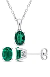 DELMAR STERLING SILVER OVAL LAB CREATED EMERALD STUD EARRINGS & NECKLACE SET