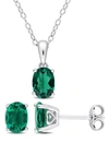 Delmar Sterling Silver Oval Lab Created Emerald Stud Earrings & Necklace Set In Green