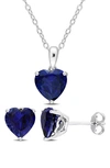 DELMAR HEART CUT LAB CREATED SAPPHIRE PENDANT NECKLACE & STUD EARRINGS