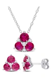 DELMAR STERLING SILVER LAB CREATED RUBY & LAB CREATED WHITE SAPPHIRE EARRINGS & NECKLACE SET