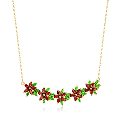 Ross-simons Garnet And Chrome Diopside Flower Necklace With Citrine Accents In 18kt Gold Over Sterling In Green
