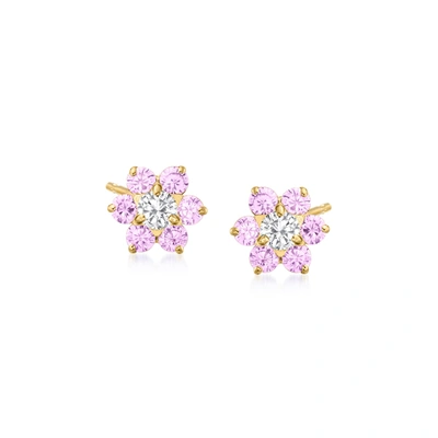 Ross-simons Child's . Pink And White Cz Flower Earrings In 14kt Yellow Gold