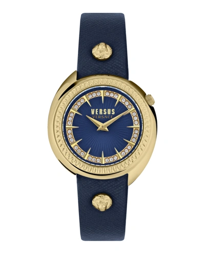 Versus Women's Tortona Crystal 2 Hand Quartz Blue Genuine Leather Watch, 38mm In Gold