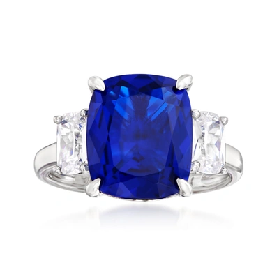 Ross-simons Simulated Sapphire And Cz 3-stone Ring In Sterling Silver In Blue