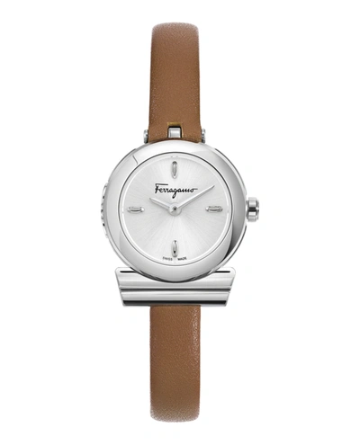 Ferragamo 22.5mm Gancino Watch With Leather Strap, Silver/tan