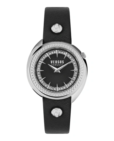 Versus Women's Tortona Crystal 2 Hand Quartz Black Genuine Leather Watch, 38mm In Silver