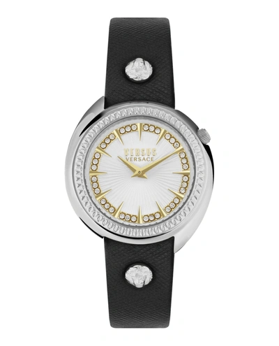 Versus Women's Tortona Crystal 2 Hand Quartz Black Genuine Leather Watch, 38mm In Silver