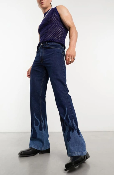Asos Design Flare Jeans With Flame Print In Dark Wash Blue-black