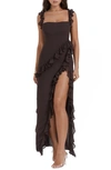 House Of Cb Ariela Ruffle Side Slit Gown In Coffee