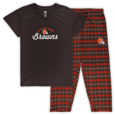 Concepts Sport Women's Brown Cleveland Browns Plus Size Badge T-shirt Flannel Pants Sleep Set