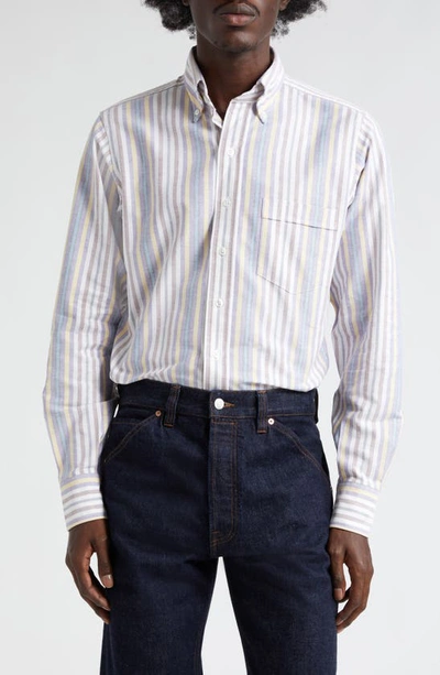 Drake's Stripe Oxford Button-down Shirt In Purple/ Yellow/ Brown