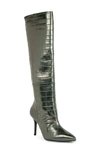 Black Suede Studio Tory Croc Embossed Knee High Boot In Silver Metallic Croc