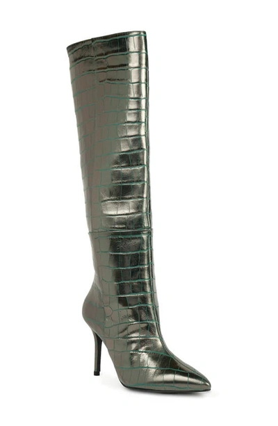 Black Suede Studio Tory Croc Embossed Knee High Boot In Emerald Green Met