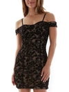 Bcx Juniors' Off-the-shoulder Flocked Velvet Ruched Dress In Black